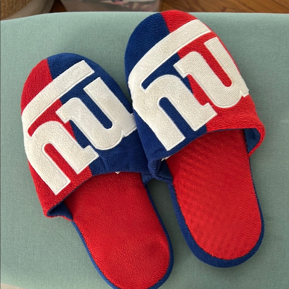NY Red and Blue Slippers with White Logo.
